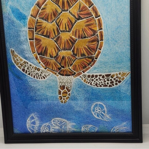 Hand Crafted Sea Turtle Colored Pencil Drawing Framed 9x11" - Picture 10 of 14